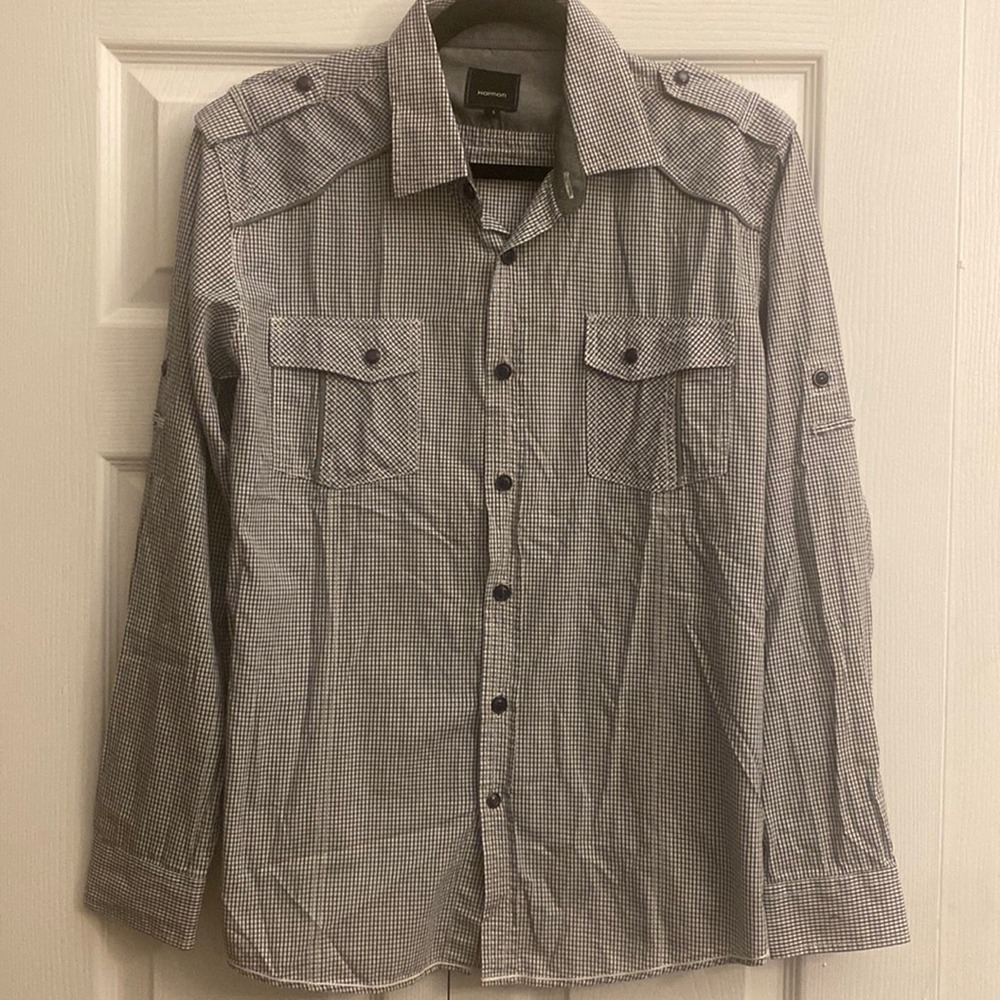Harmon Military Utility Button Down Mens Size L Grey White Micro Check Cotton